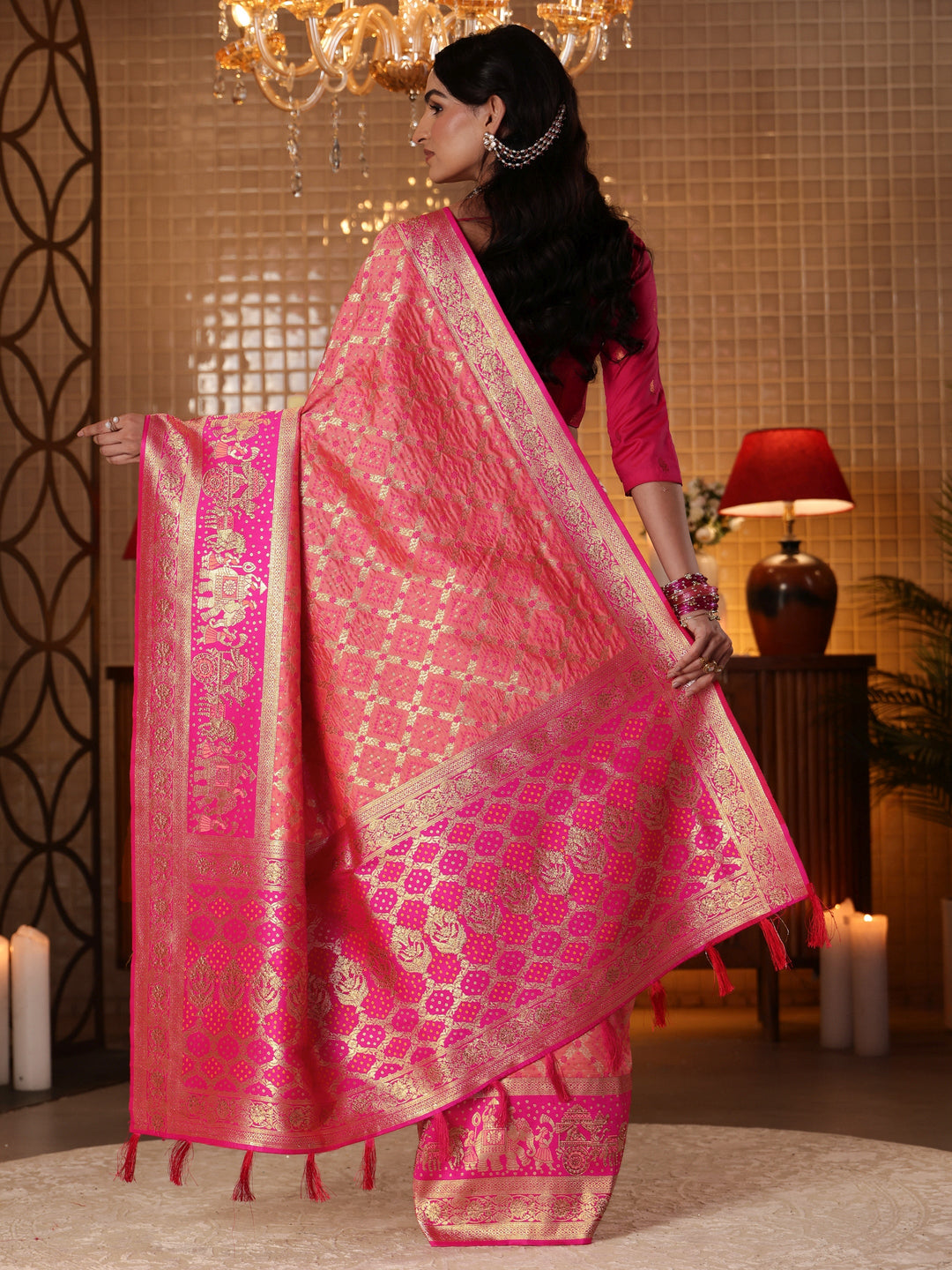 Libas Peach Bandhani Woven Design Silk Blend Saree