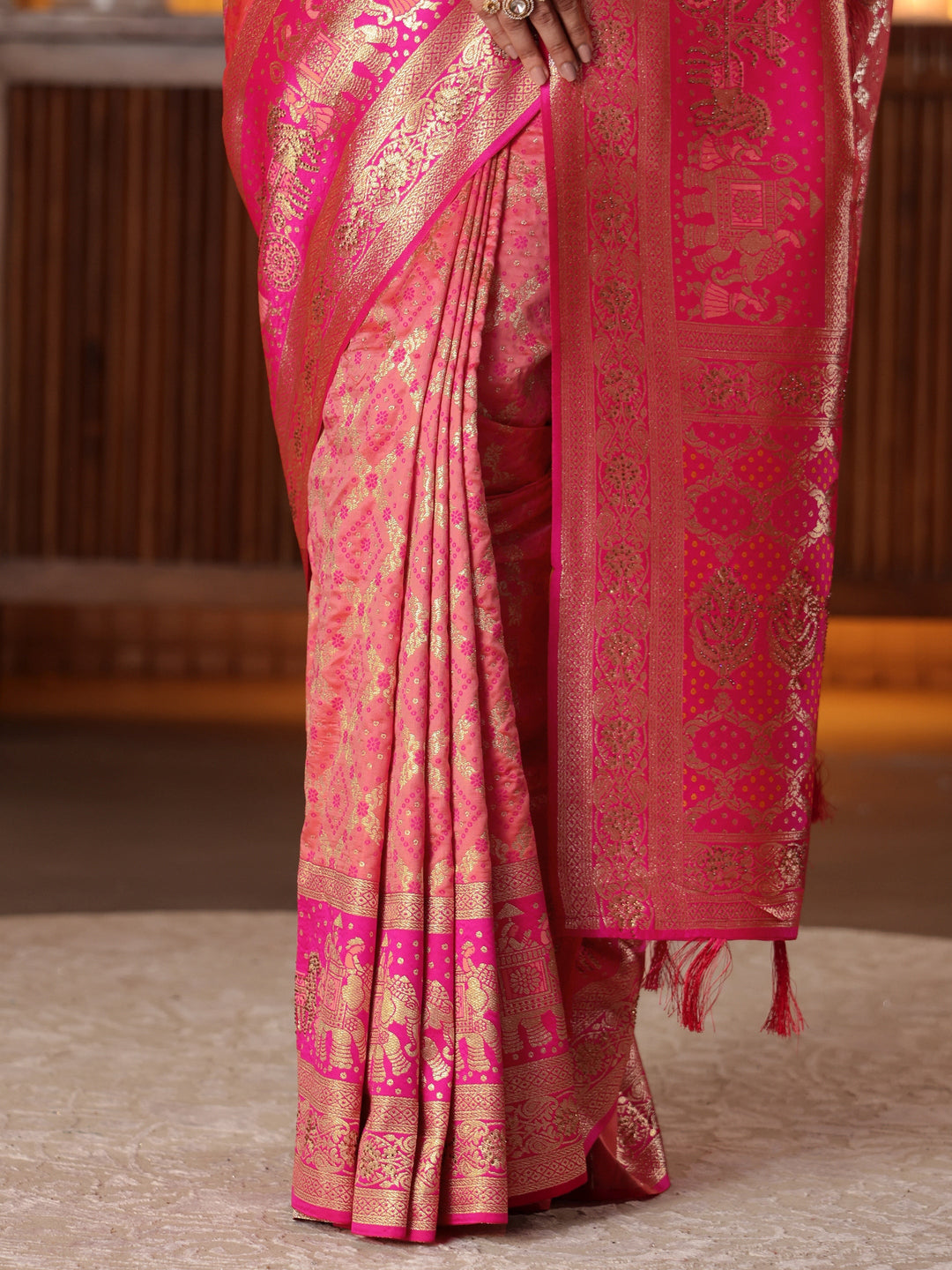Libas Peach Bandhani Woven Design Silk Blend Saree