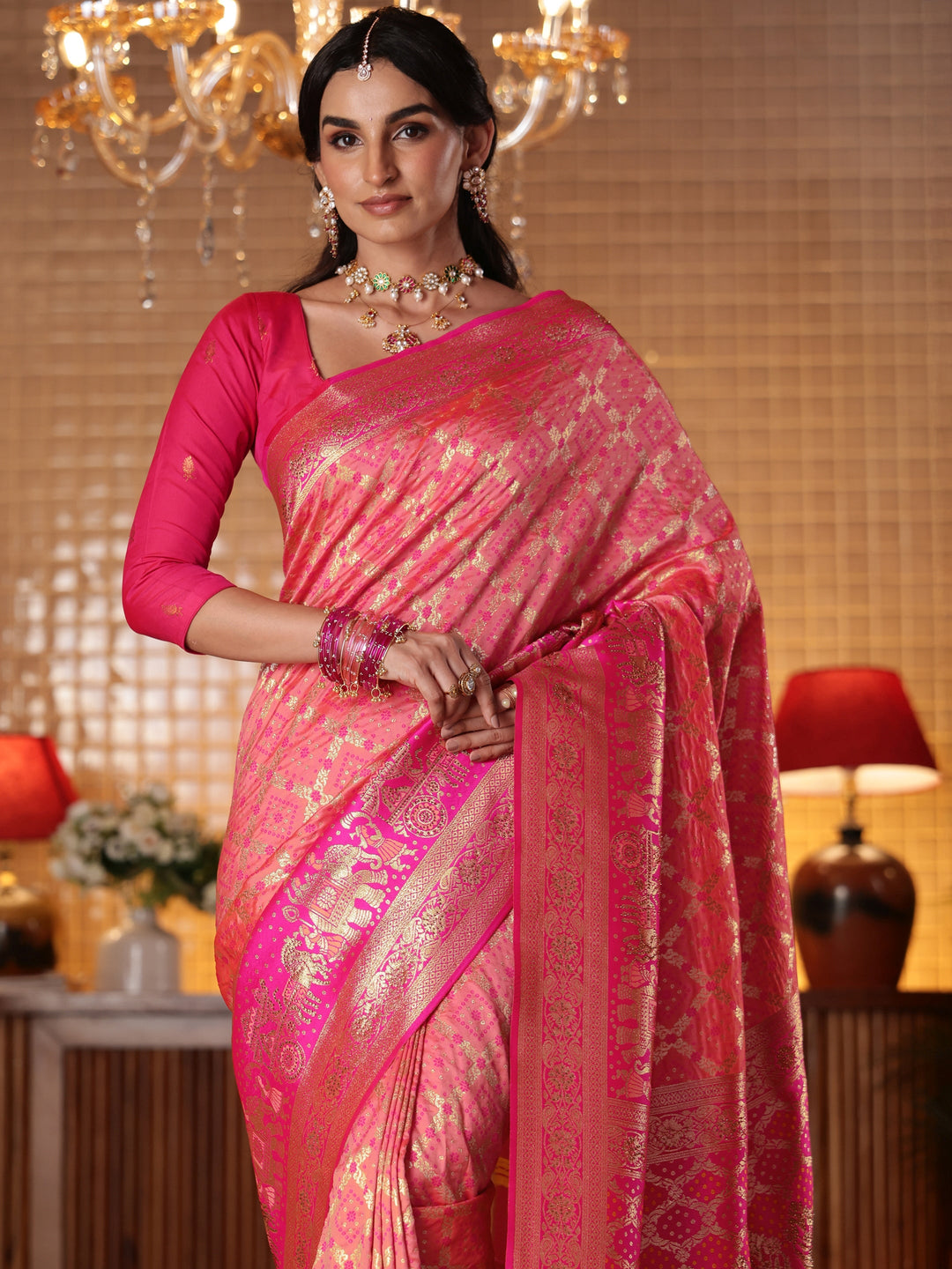 Libas Peach Bandhani Woven Design Silk Blend Saree