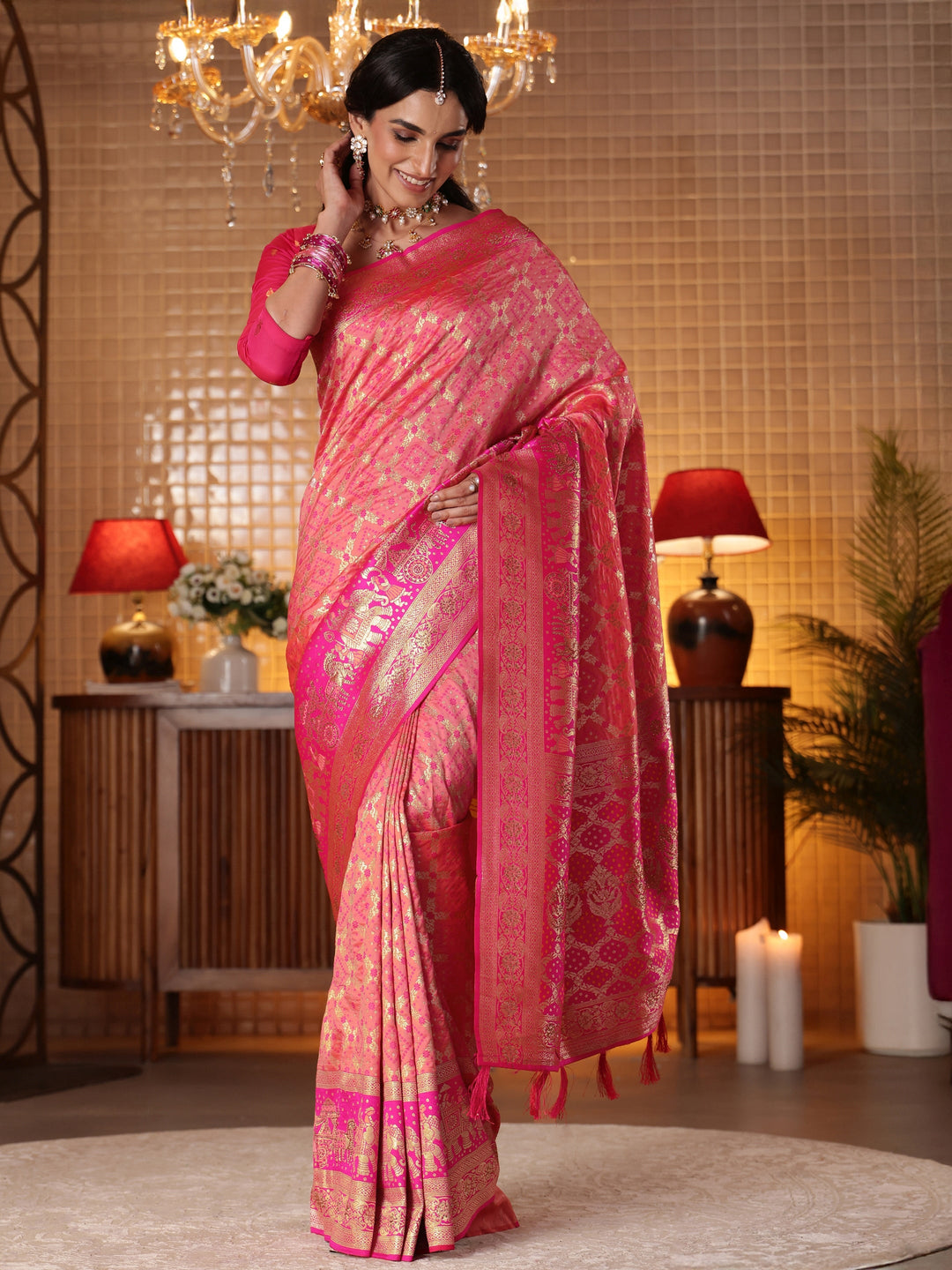 Libas Peach Bandhani Woven Design Silk Blend Saree