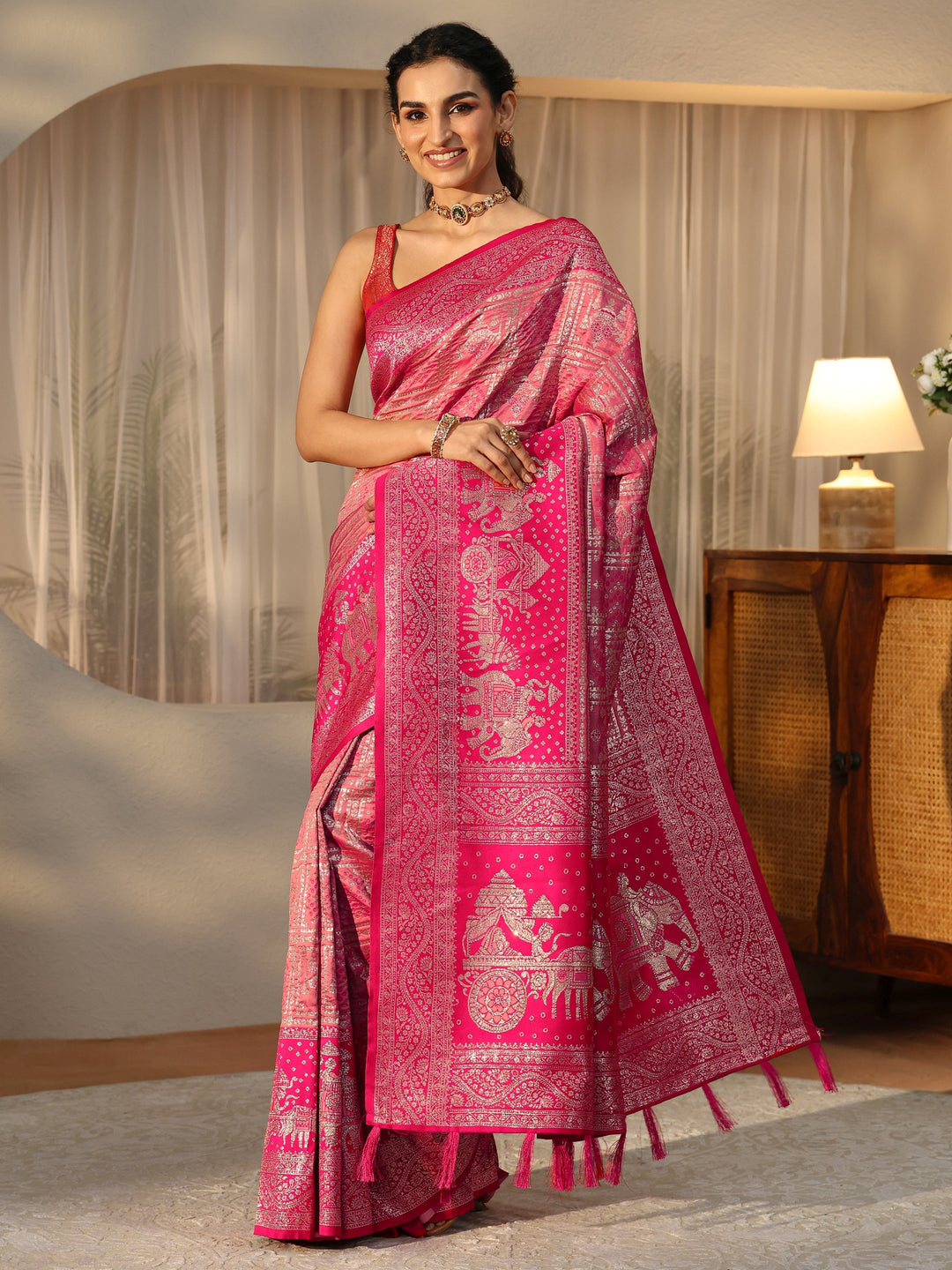 Libas Hot Pink Gharchola Silk Blend Saree