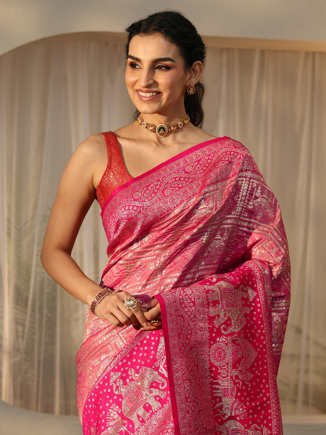 Libas Hot Pink Gharchola Silk Blend Saree