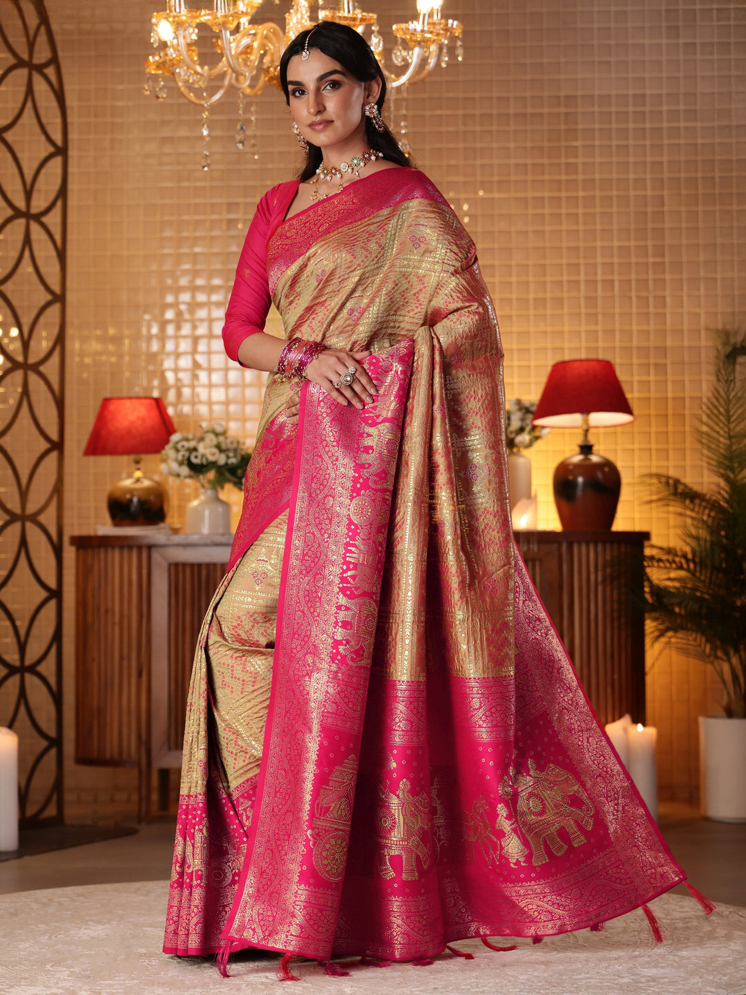 Libas Mustard Bandhani Woven Design Silk Blend Saree