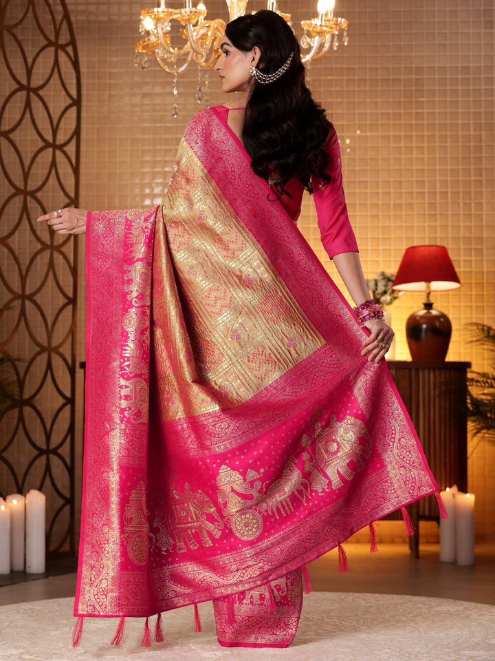 Libas Mustard Bandhani Woven Design Silk Blend Saree