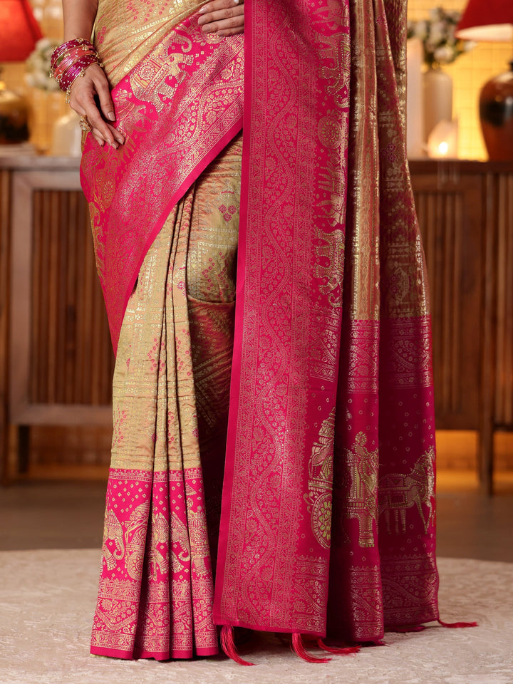 Libas Mustard Bandhani Woven Design Silk Blend Saree