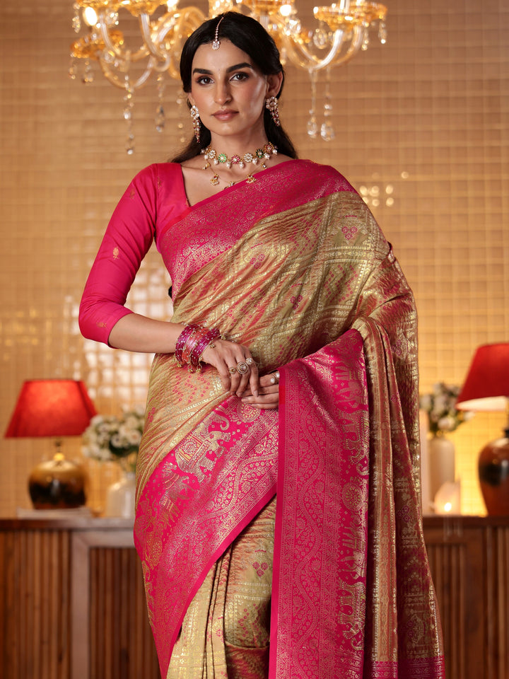 Libas Mustard Bandhani Woven Design Silk Blend Saree