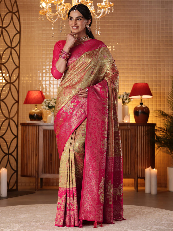 Libas Mustard Bandhani Woven Design Silk Blend Saree