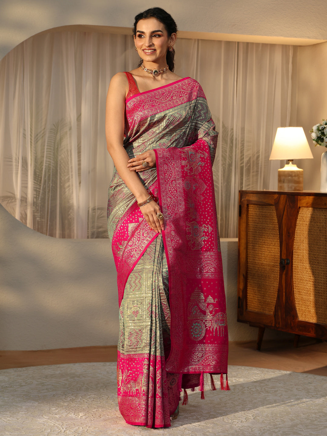 Libas Grey Gharchola Silk Blend Saree
