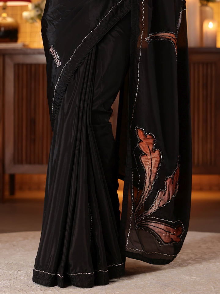 Black Floral Embroidered Silk Blend Saree