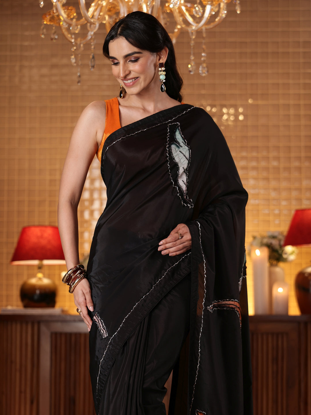 Black Floral Embroidered Silk Blend Saree