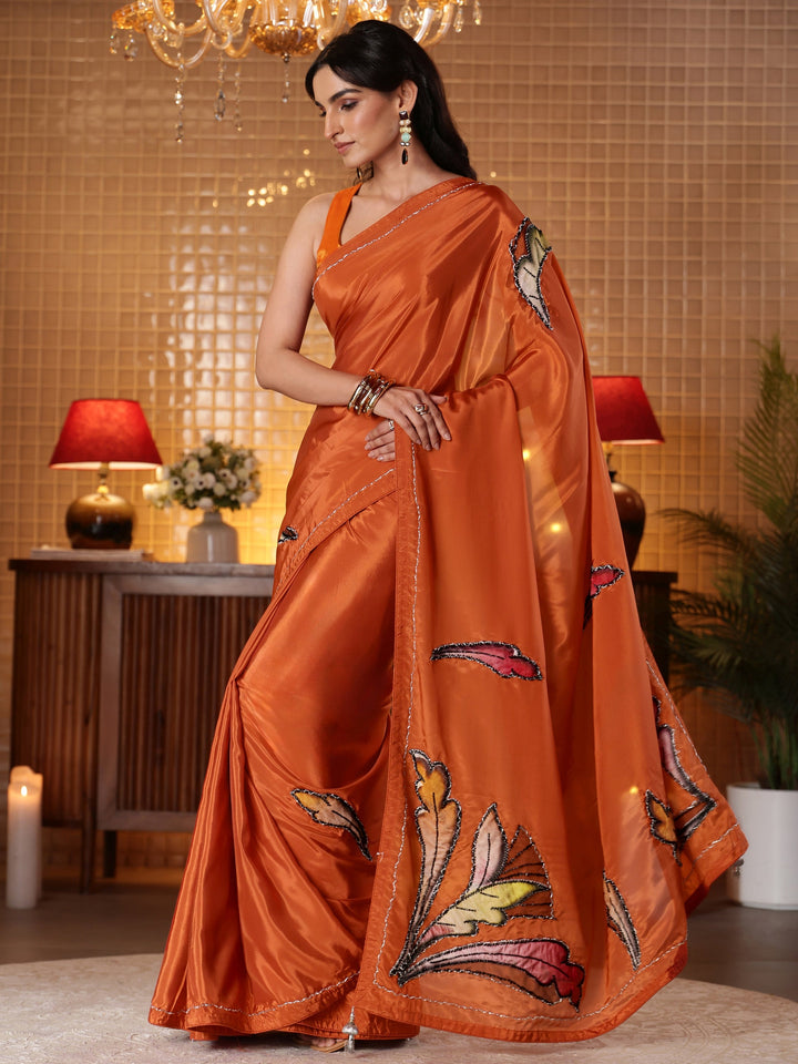 Rust Floral Embroidered Silk Blend Saree
