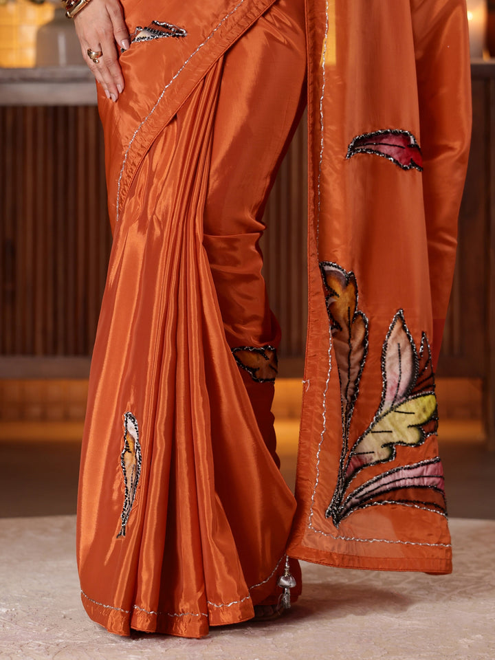 Rust Floral Embroidered Silk Blend Saree