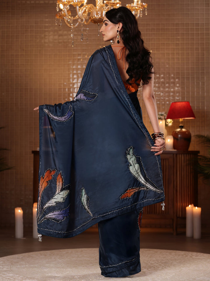 Midnight Blue Floral Embroidered Silk Blend Saree