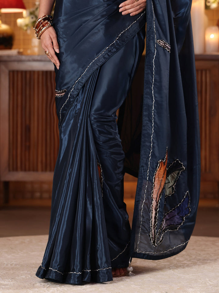 Midnight Blue Floral Embroidered Silk Blend Saree
