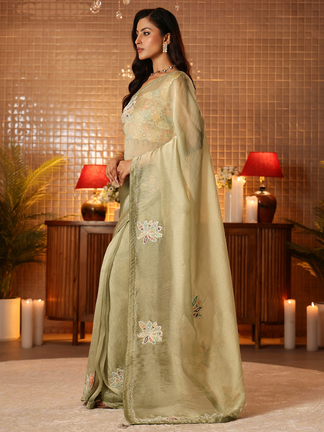 Sage Green Floral Embroidered Tissue Saree