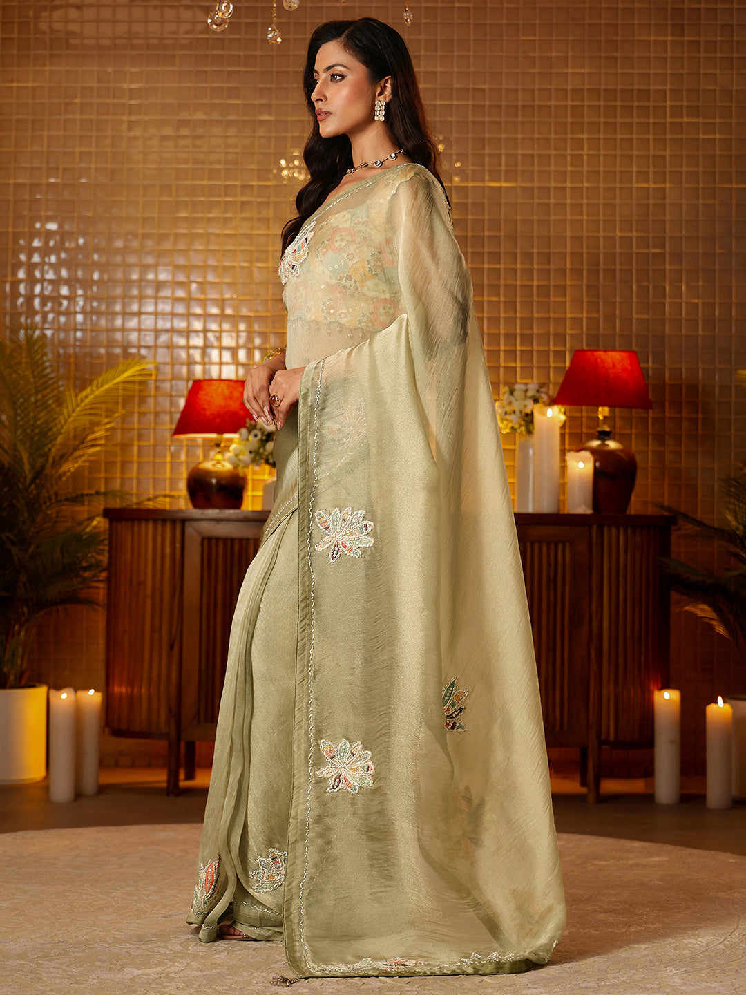 Libas Sage Green Floral Embroidered Tissue Saree