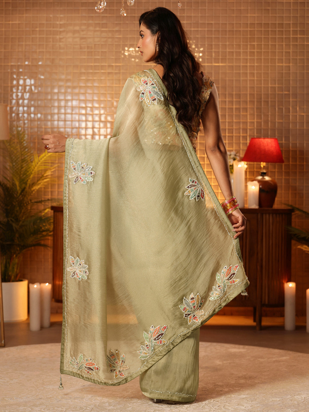 Sage Green Floral Embroidered Tissue Saree