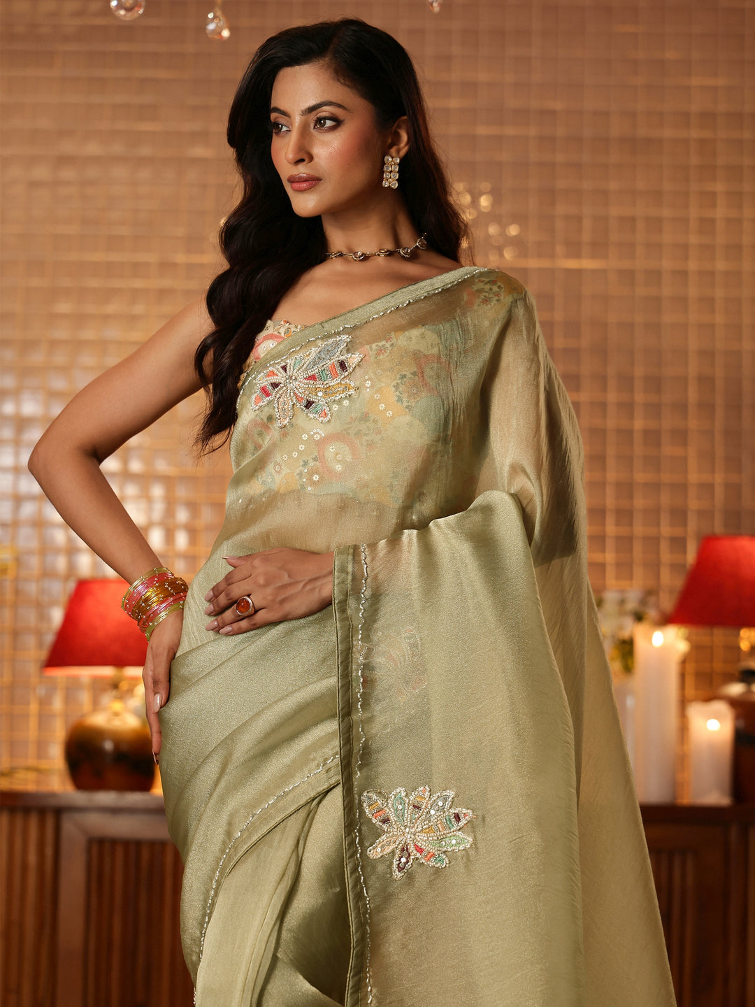 Sage Green Floral Embroidered Tissue Saree