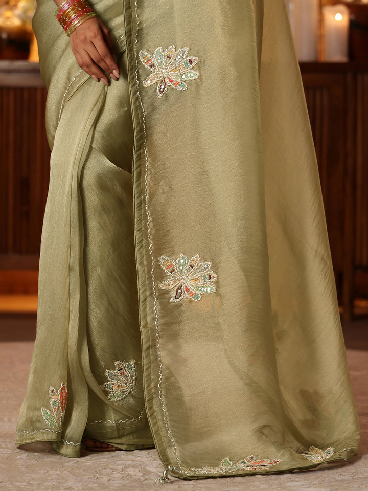 Sage Green Floral Embroidered Tissue Saree