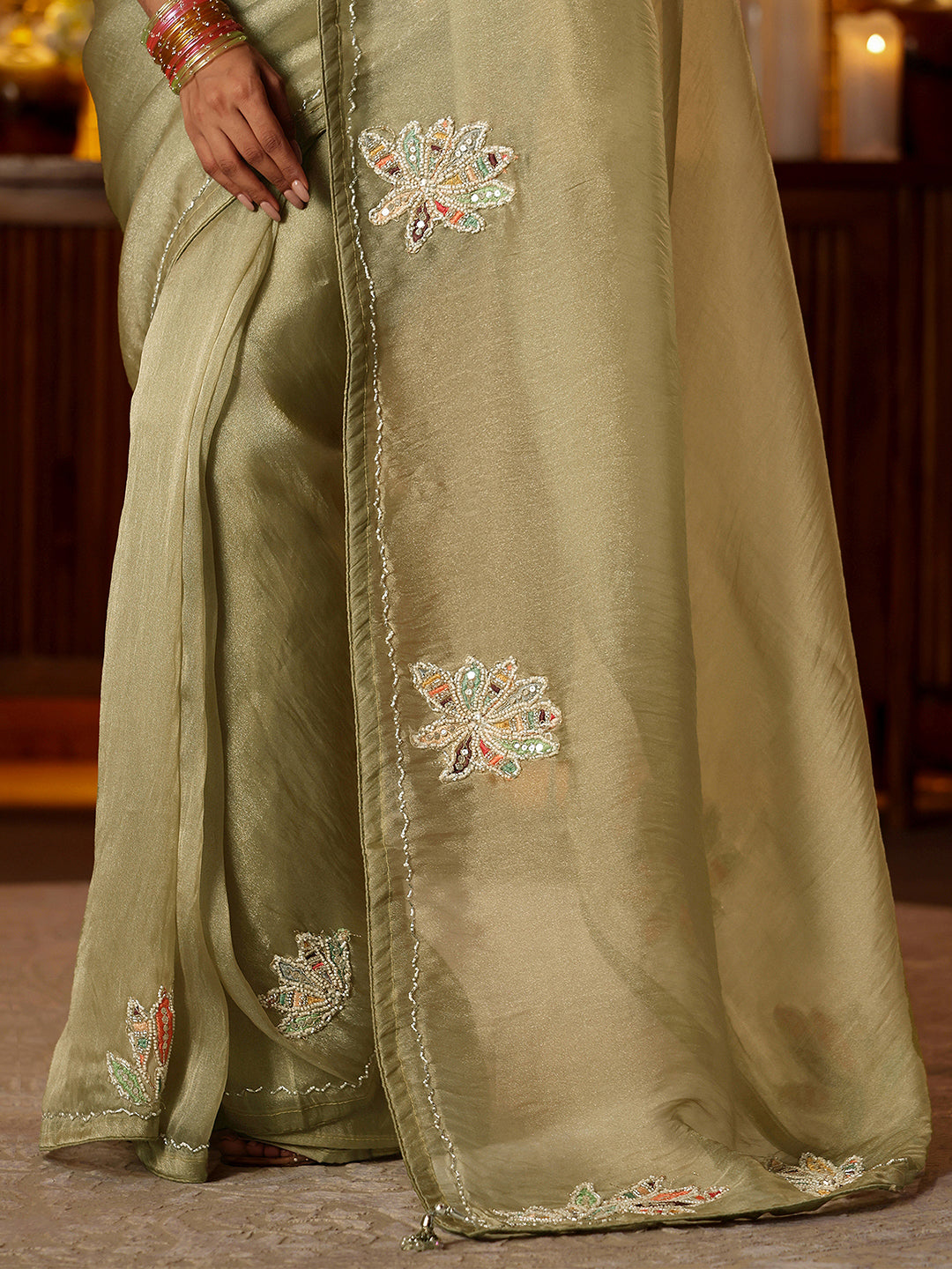 Libas Sage Green Floral Embroidered Tissue Saree
