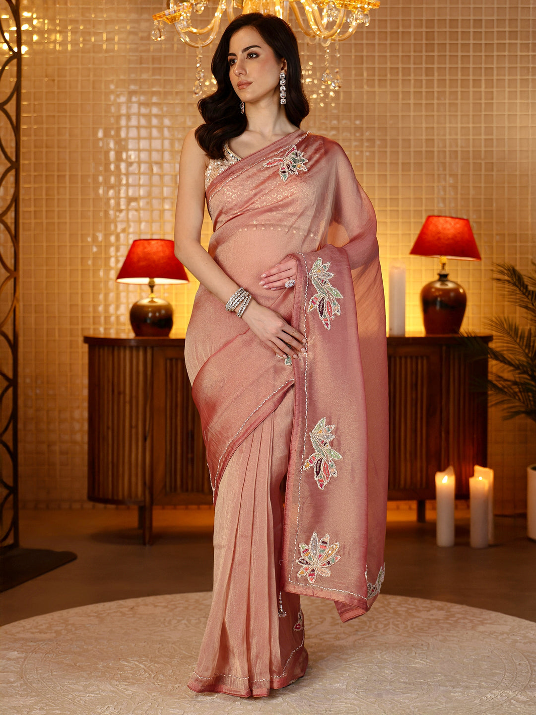 Libas Peach Floral Embroidered Tissue Saree