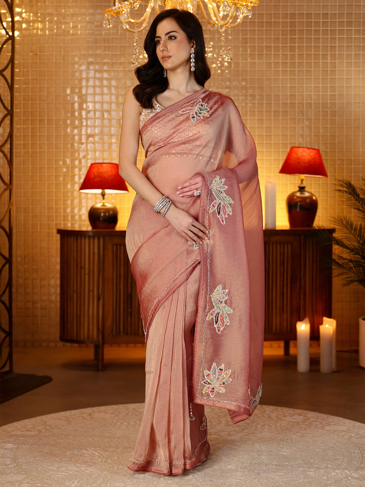 Libas Peach Floral Embroidered Tissue Saree