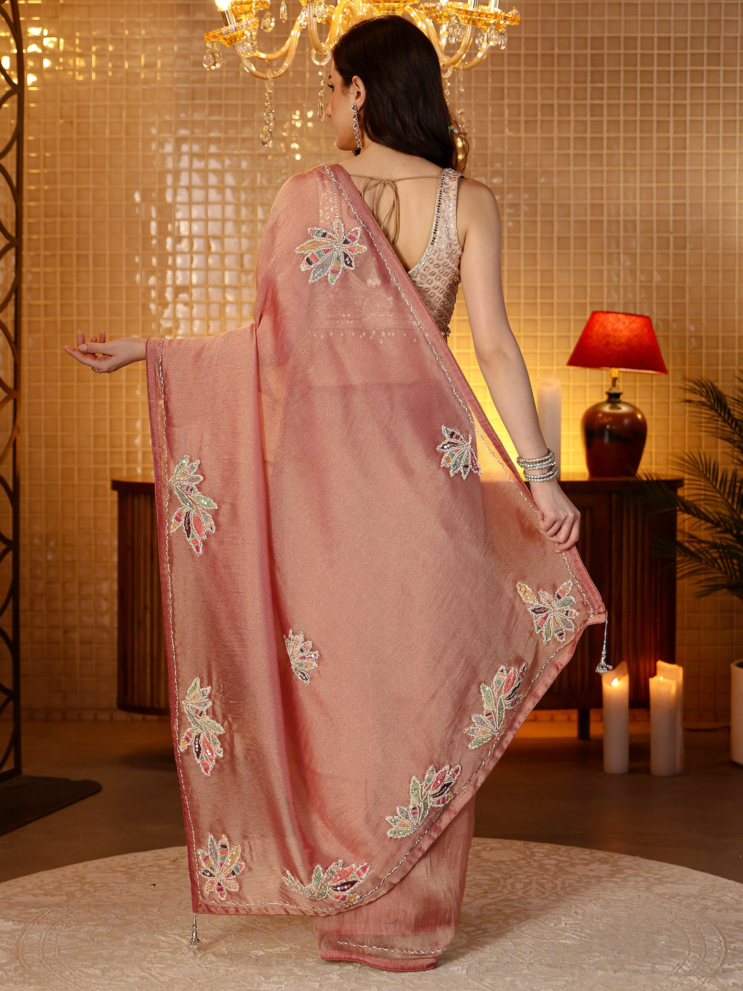 Libas Peach Floral Embroidered Tissue Saree