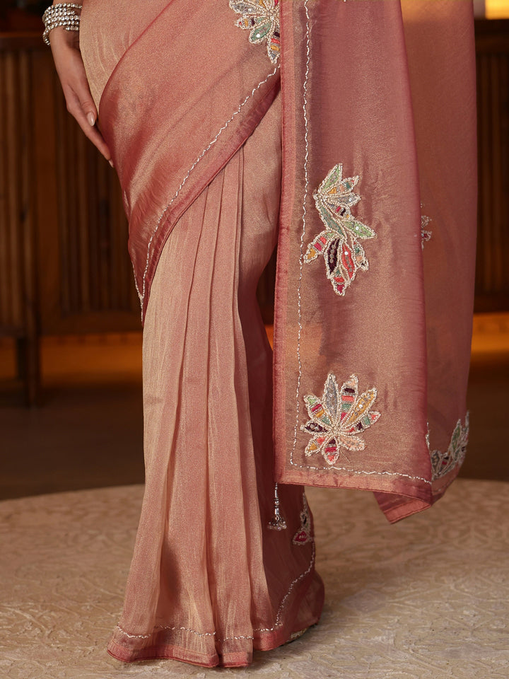 Libas Peach Floral Embroidered Tissue Saree
