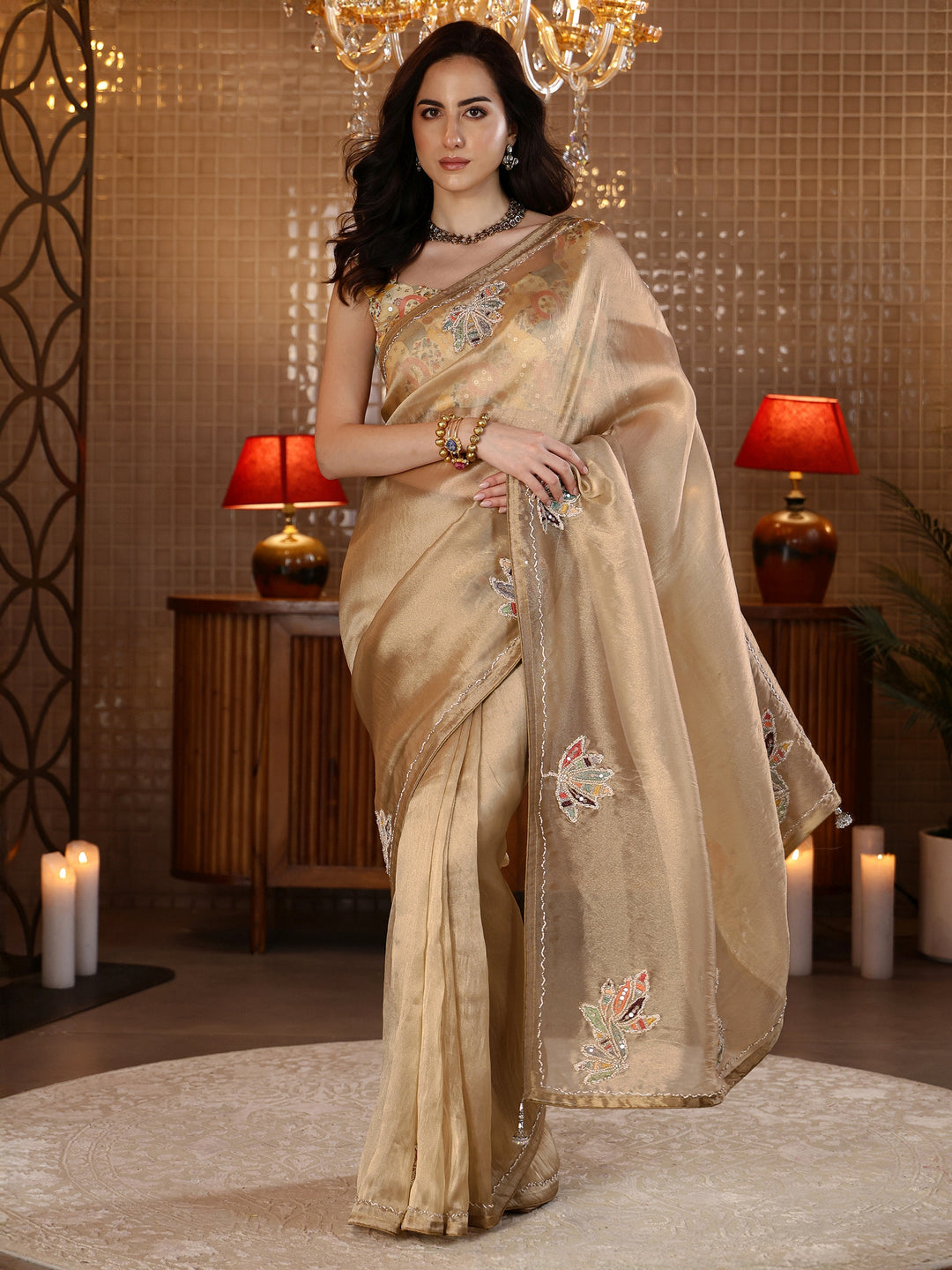 Libas Gold Floral Embroidered Tissue Saree