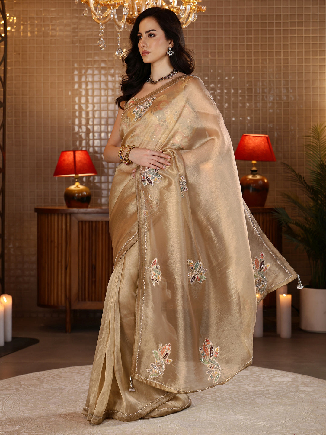 Libas Gold Floral Embroidered Tissue Saree