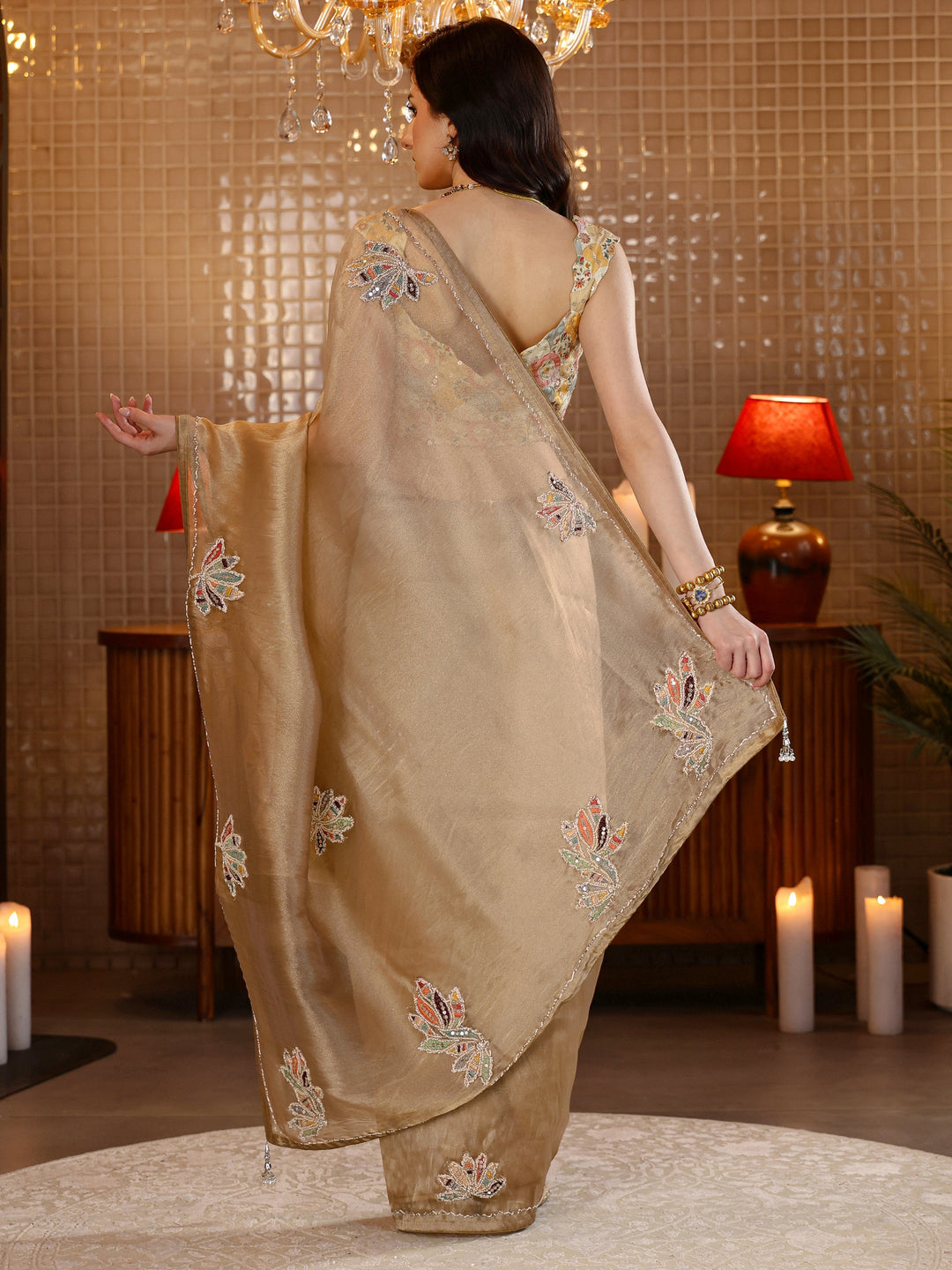 Libas Gold Floral Embroidered Tissue Saree