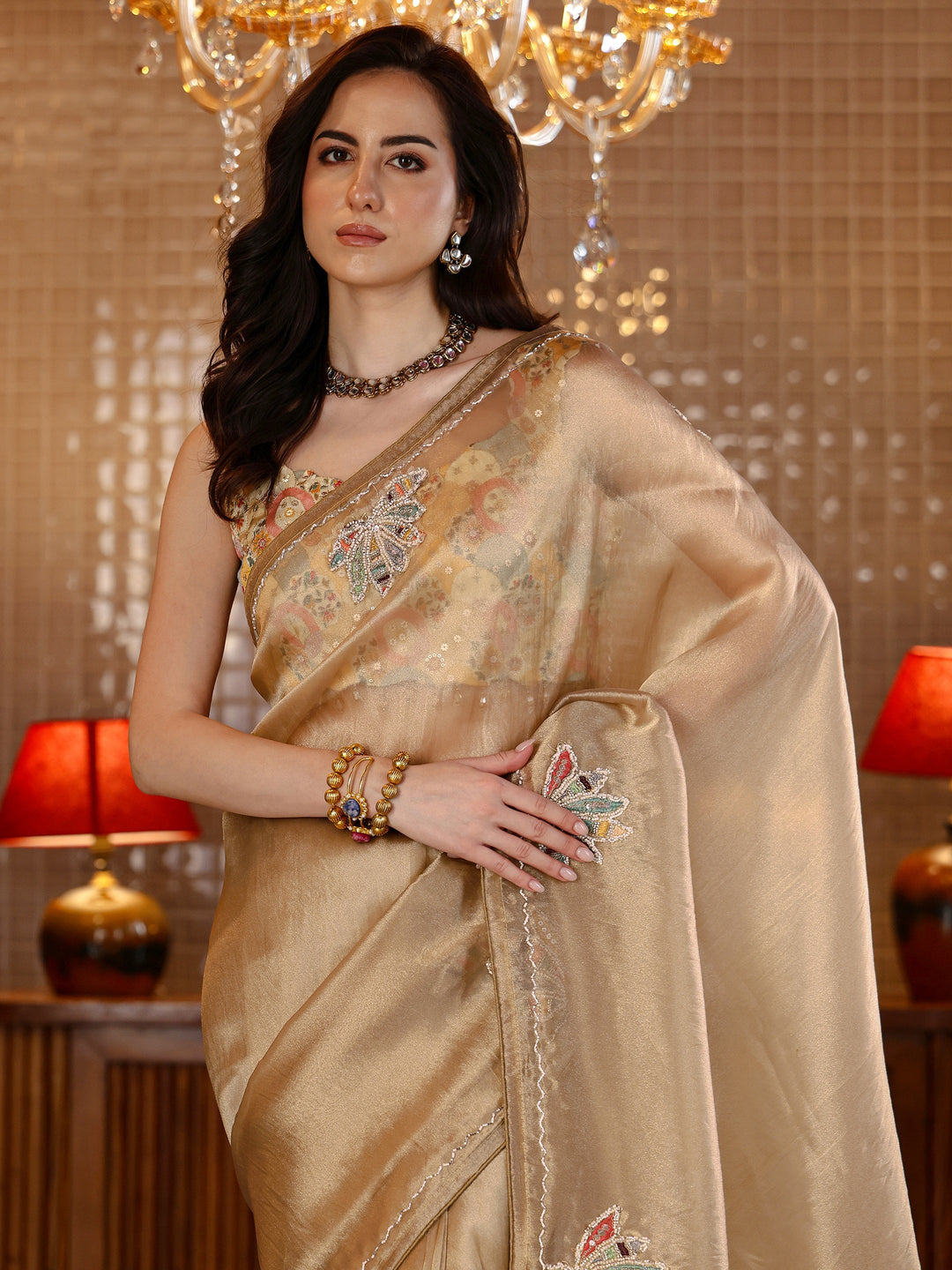 Libas Gold Floral Embroidered Tissue Saree