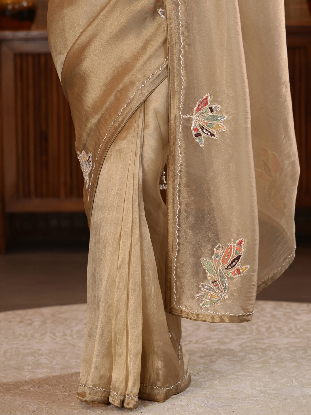 Libas Gold Floral Embroidered Tissue Saree