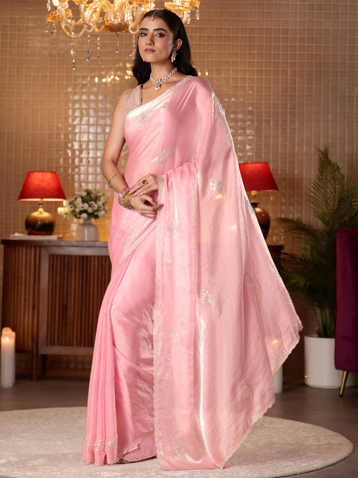 Libas Pink Embellished Silk Blend Saree