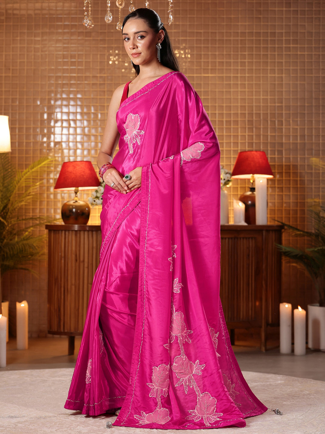 Rani Pink Floral Embroidered Silk Blend Saree