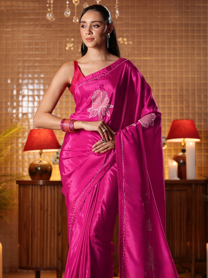 Rani Pink Floral Embroidered Silk Blend Saree