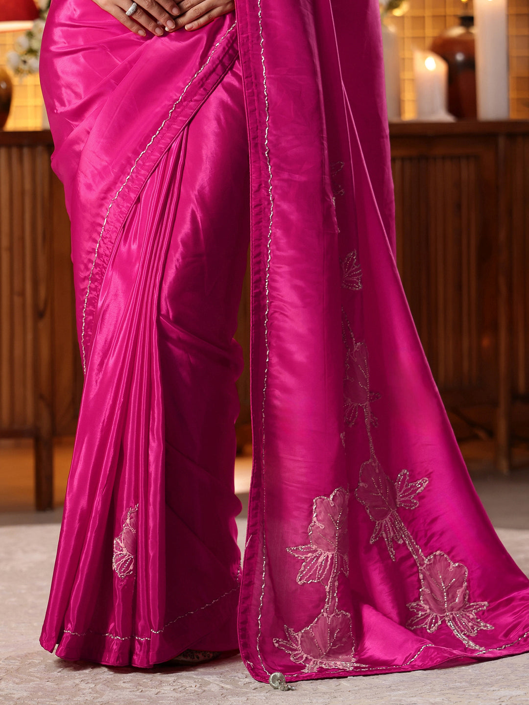 Rani Pink Floral Embroidered Silk Blend Saree