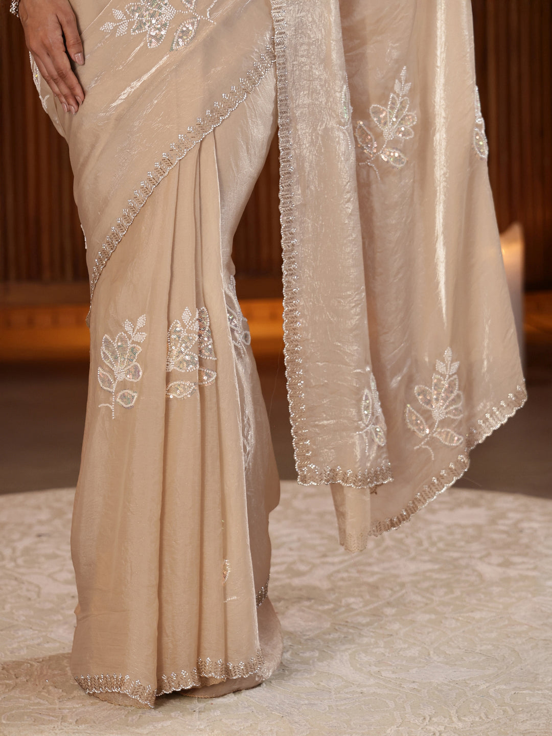 Libas Beige Floral Embellished Silk Blend Saree