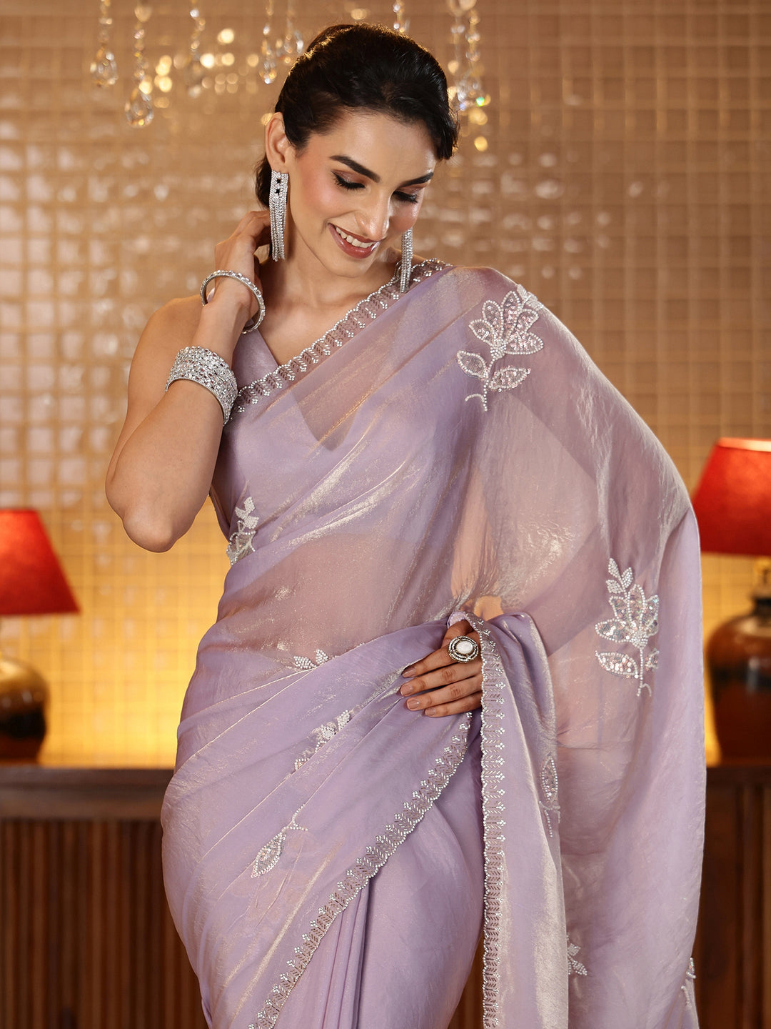 Libas Lavender Floral Embellished Silk Blend Saree