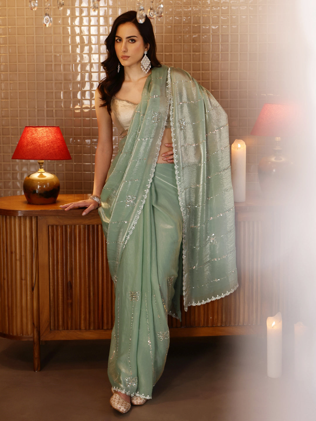 Libas Pista Green Striped Embellished Silk Blend Saree