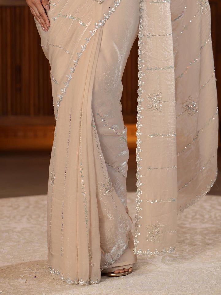 Libas Beige Striped Embellished Silk Blend Saree