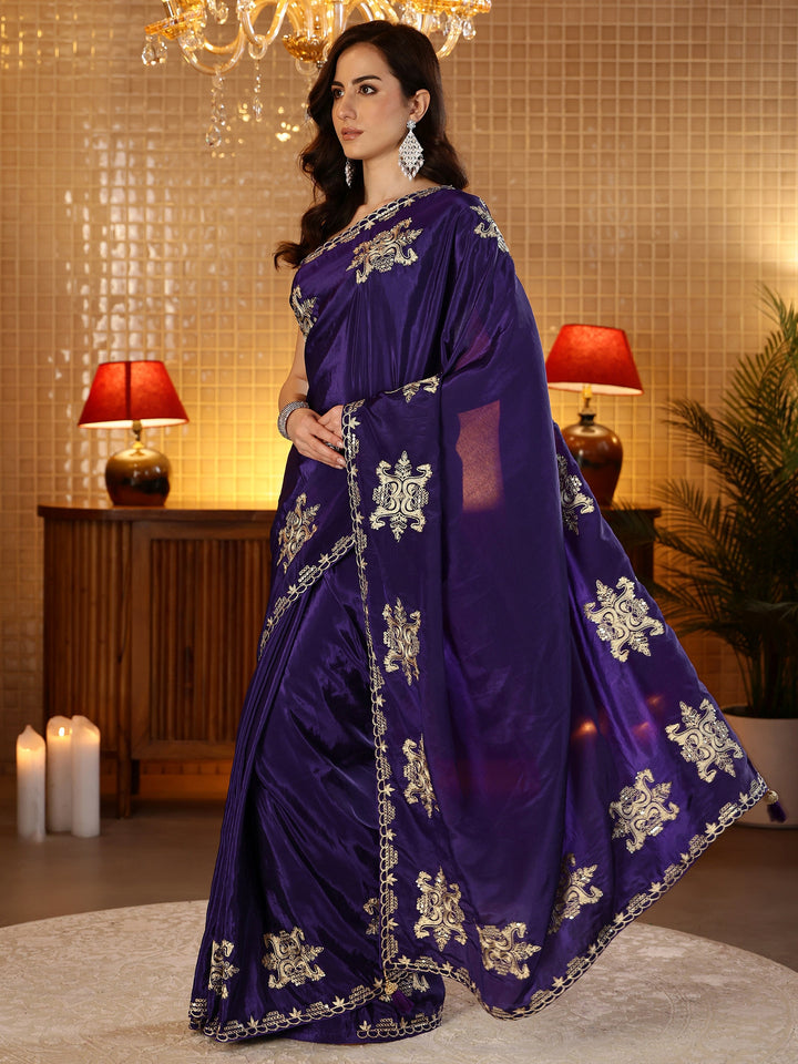 Libas Purple Ethnic Embroidered Silk Blend Saree