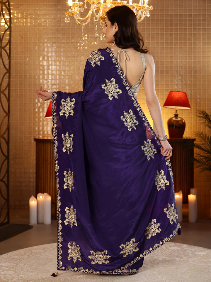 Libas Purple Ethnic Embroidered Silk Blend Saree