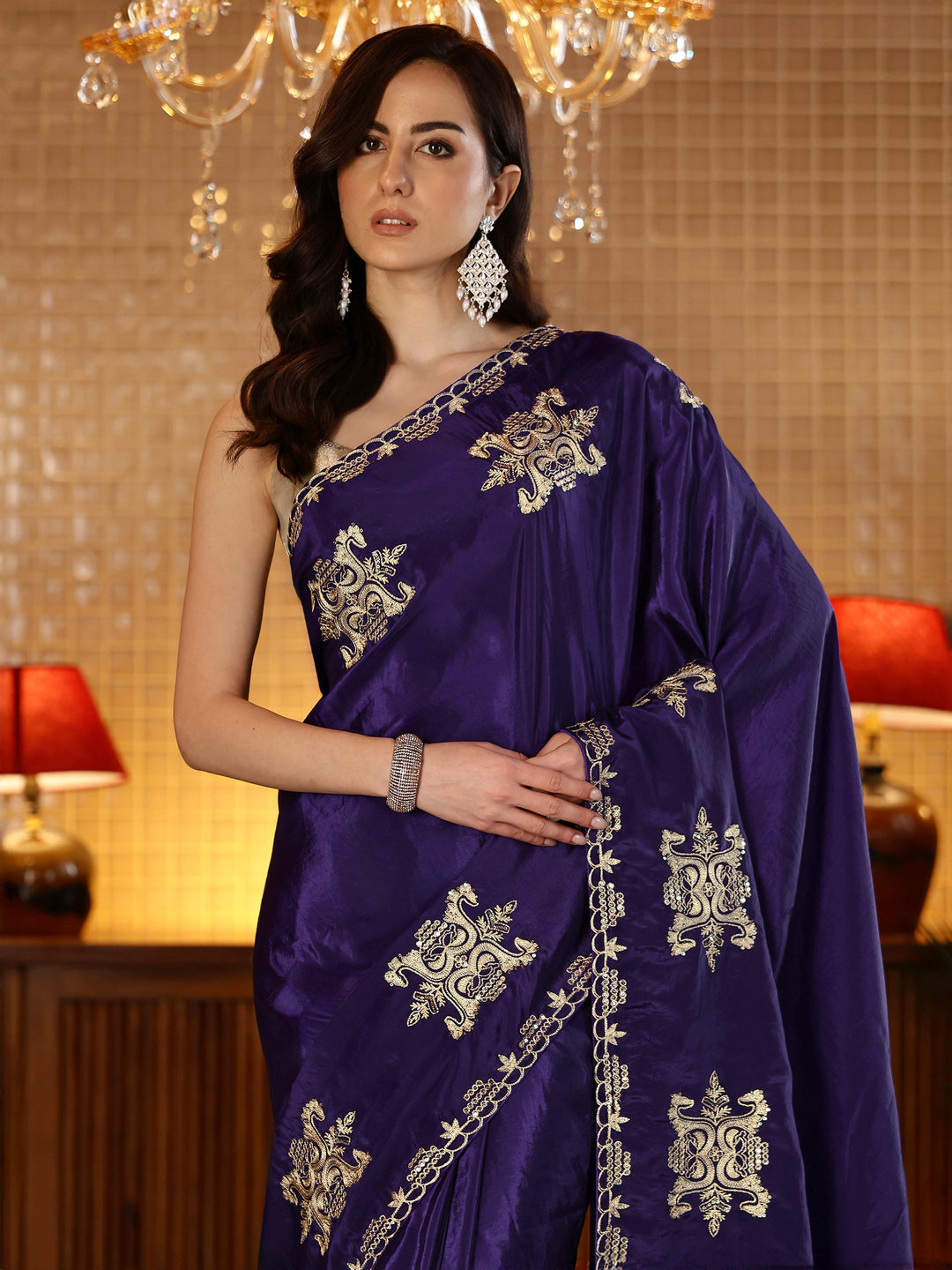 Libas Purple Ethnic Embroidered Silk Blend Saree