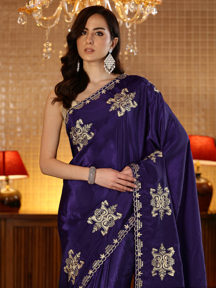 Libas Purple Ethnic Embroidered Silk Blend Saree