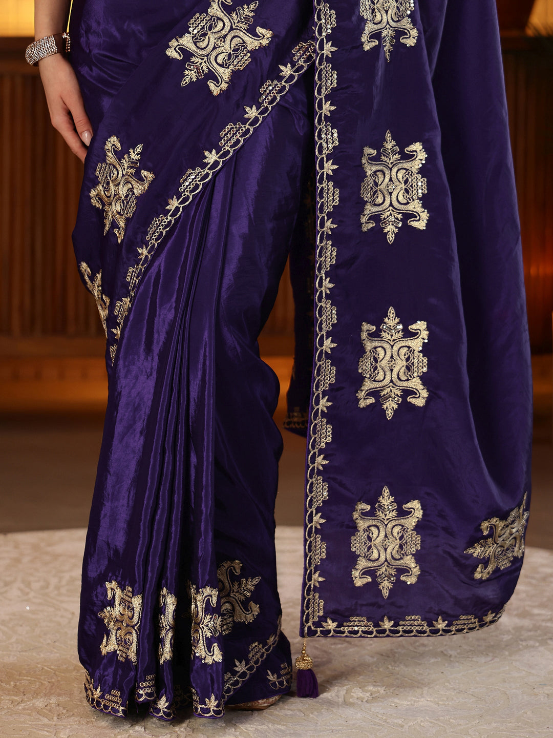 Libas Purple Ethnic Embroidered Silk Blend Saree