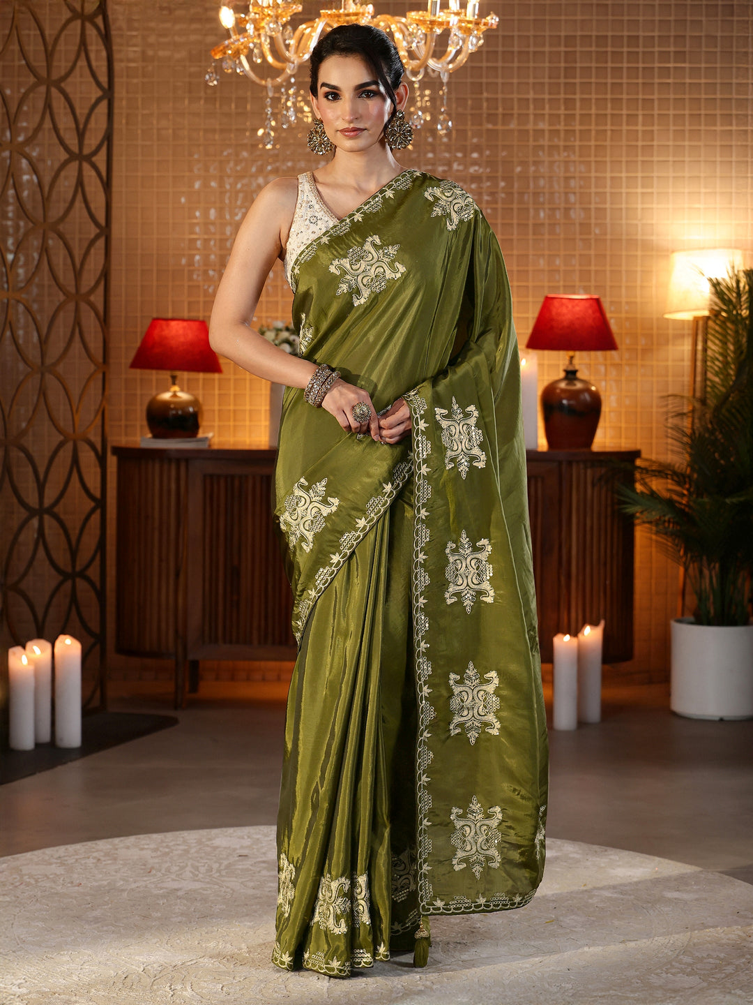 Libas Henna Green Ethnic Embroidered Silk Blend Saree