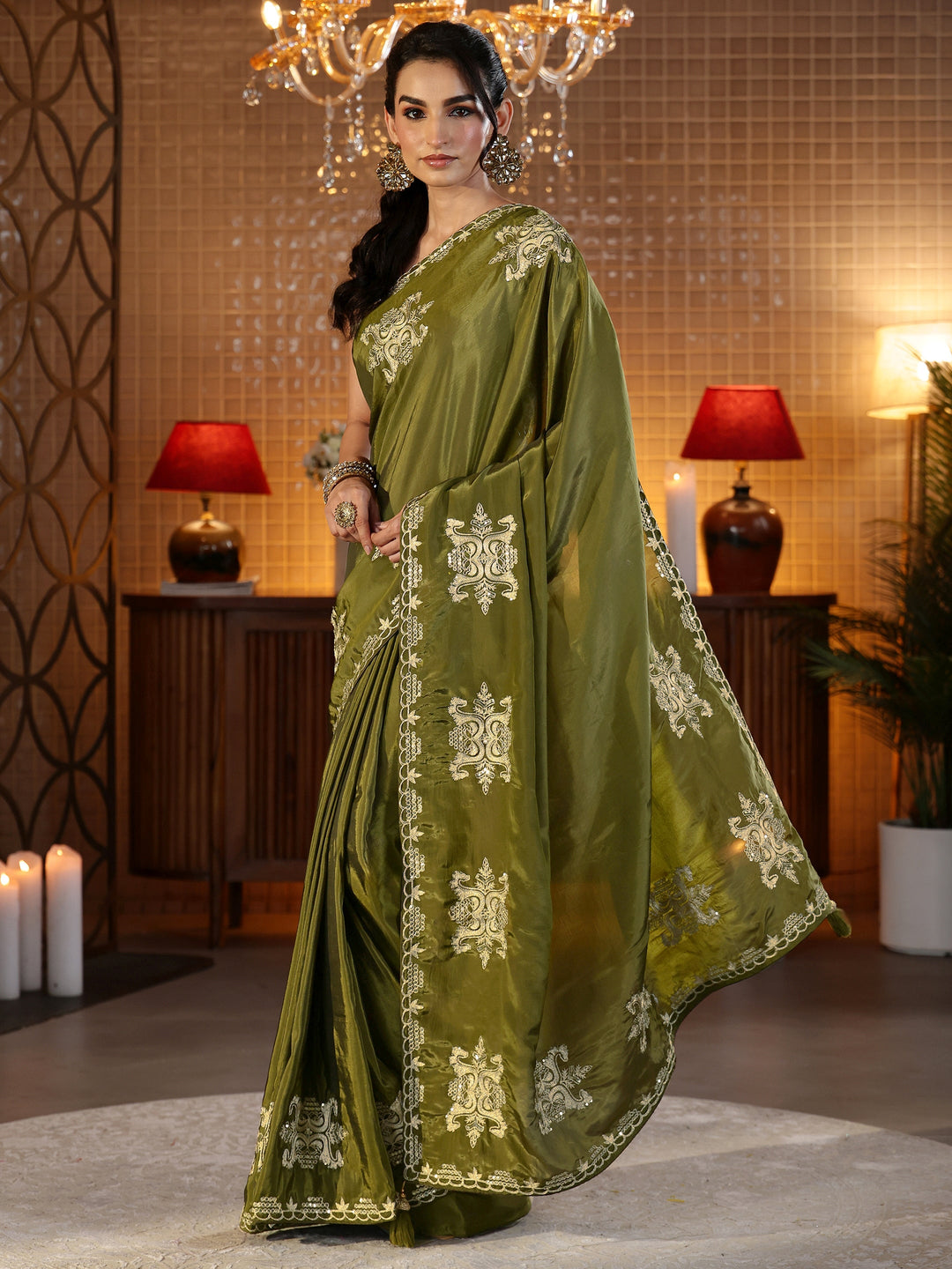 Libas Henna Green Ethnic Embroidered Silk Blend Saree