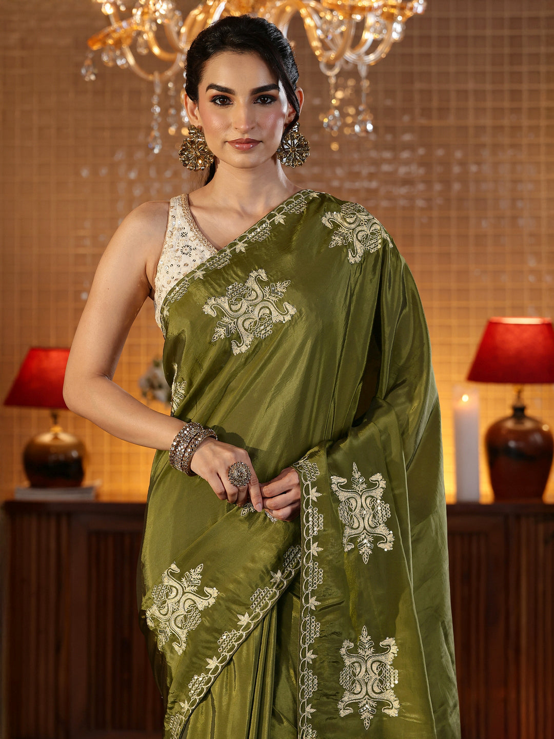 Libas Henna Green Ethnic Embroidered Silk Blend Saree