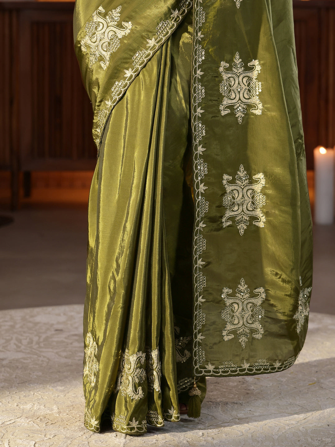 Libas Henna Green Ethnic Embroidered Silk Blend Saree